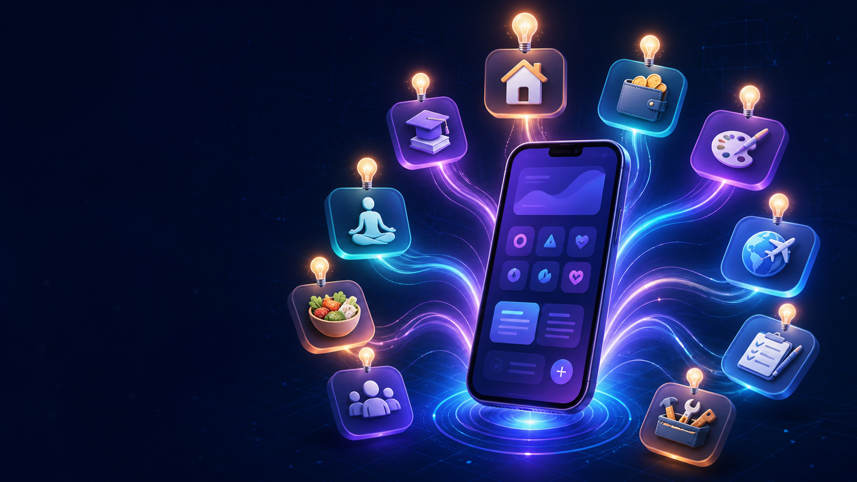 Ten glowing app concepts connected to a mobile app